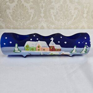 Hand Painted 3 Tealight Votive Candle Holder Glass Winter Scene Glitter Accents